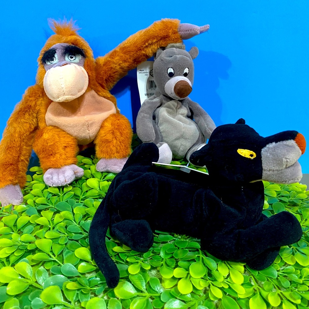 DISNEY STORE NWT VINTAGE 1990s THE JUNGLE BOOK BEAN BAG PLUSH COMPLETE SET OF 3